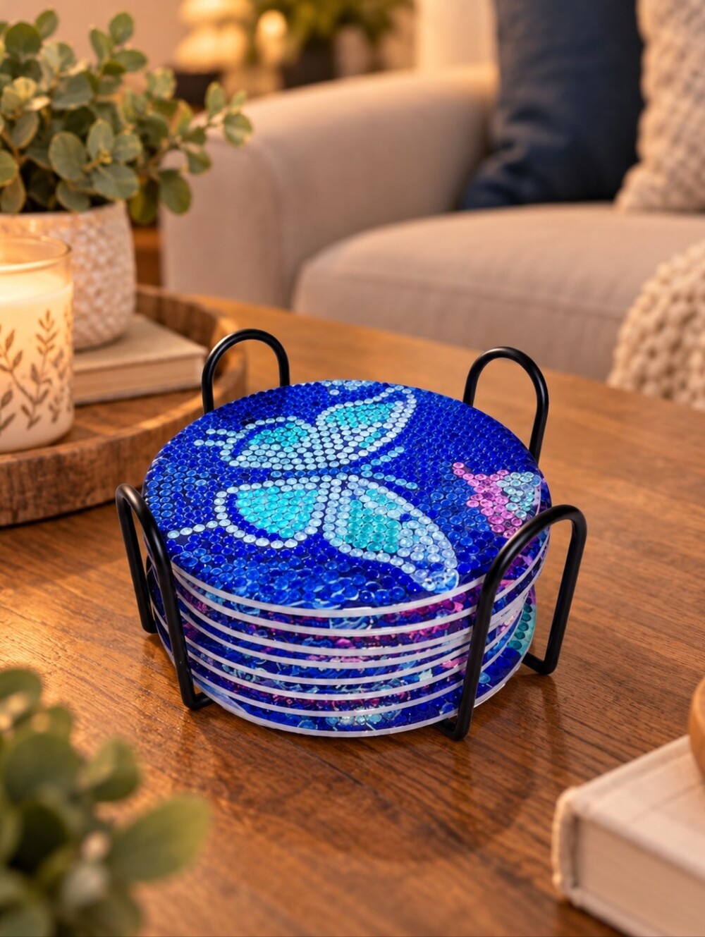Handmade Jeweled 8-Piece Butterfly Coaster Set | NWOT